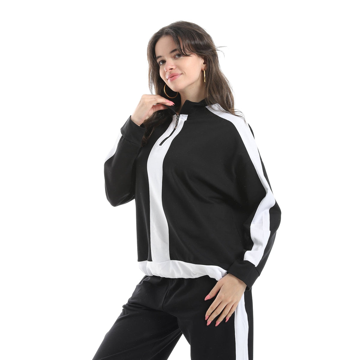 Women's Two-Tone Zip-Up Tracksuit – Black & White - Red Cotton