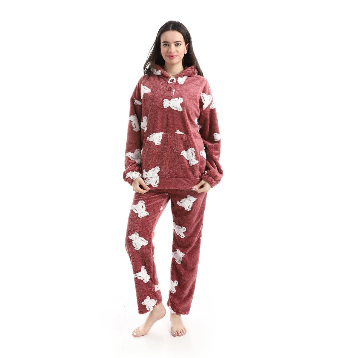 Women’s Ultra-Soft Plush Hoodie Pajama Set – Cozy Bear Print Loungewear - Red Cotton