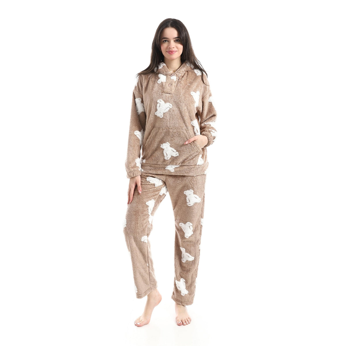 Women’s Ultra-Soft Plush Hoodie Pajama Set – Cozy Bear Print Loungewear - Red Cotton