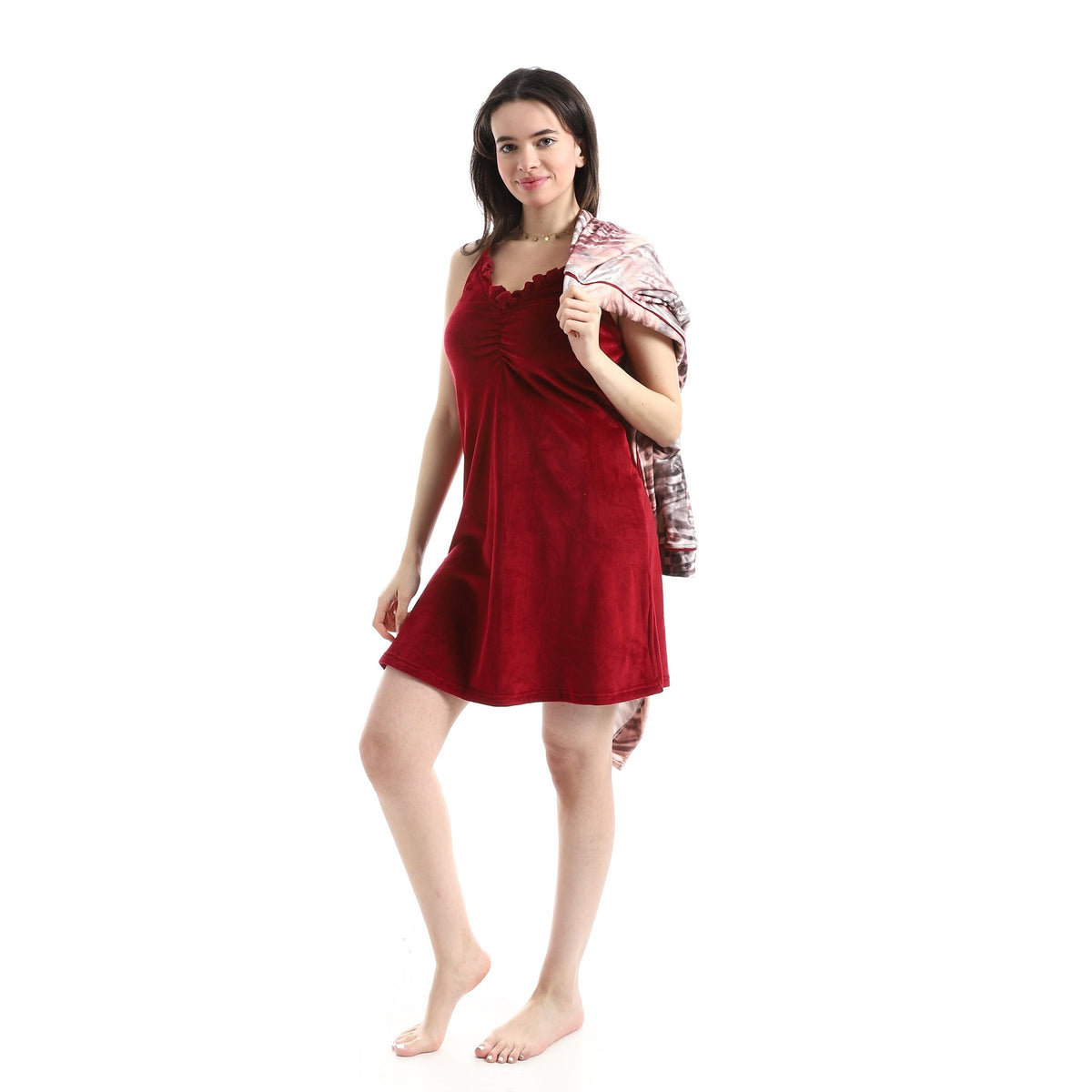 Women's Velvet Nightgown & Printed Robe Set - Red Cotton