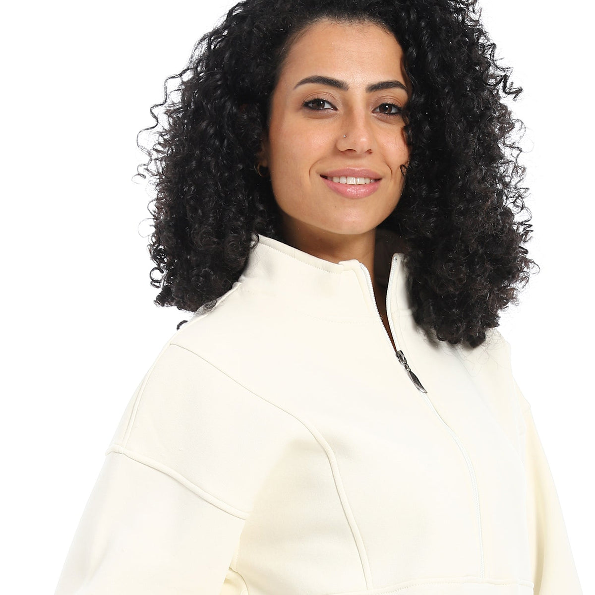 Women's Winter Quarter Zipper Sweatshirt - Off White - Red Cotton