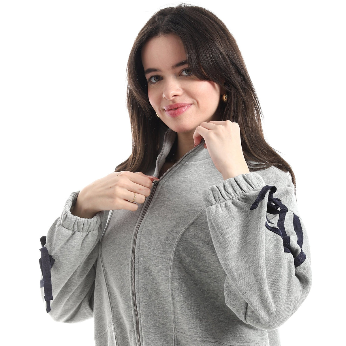 Women's Zip-Up Jacket with Ribbon Sleeve Detail - Red Cotton