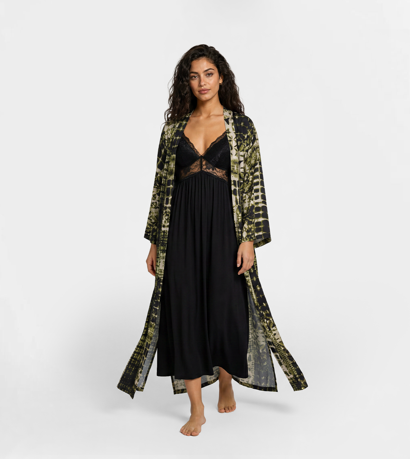 Women Black Lace Nightdress with Viscose Kimono Robe