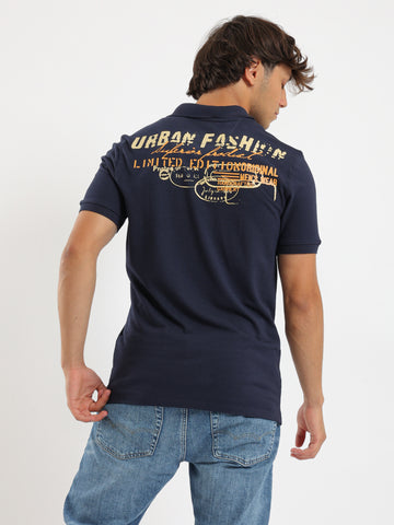 Red Cotton Printed Polo Shirt-Navy Blue
