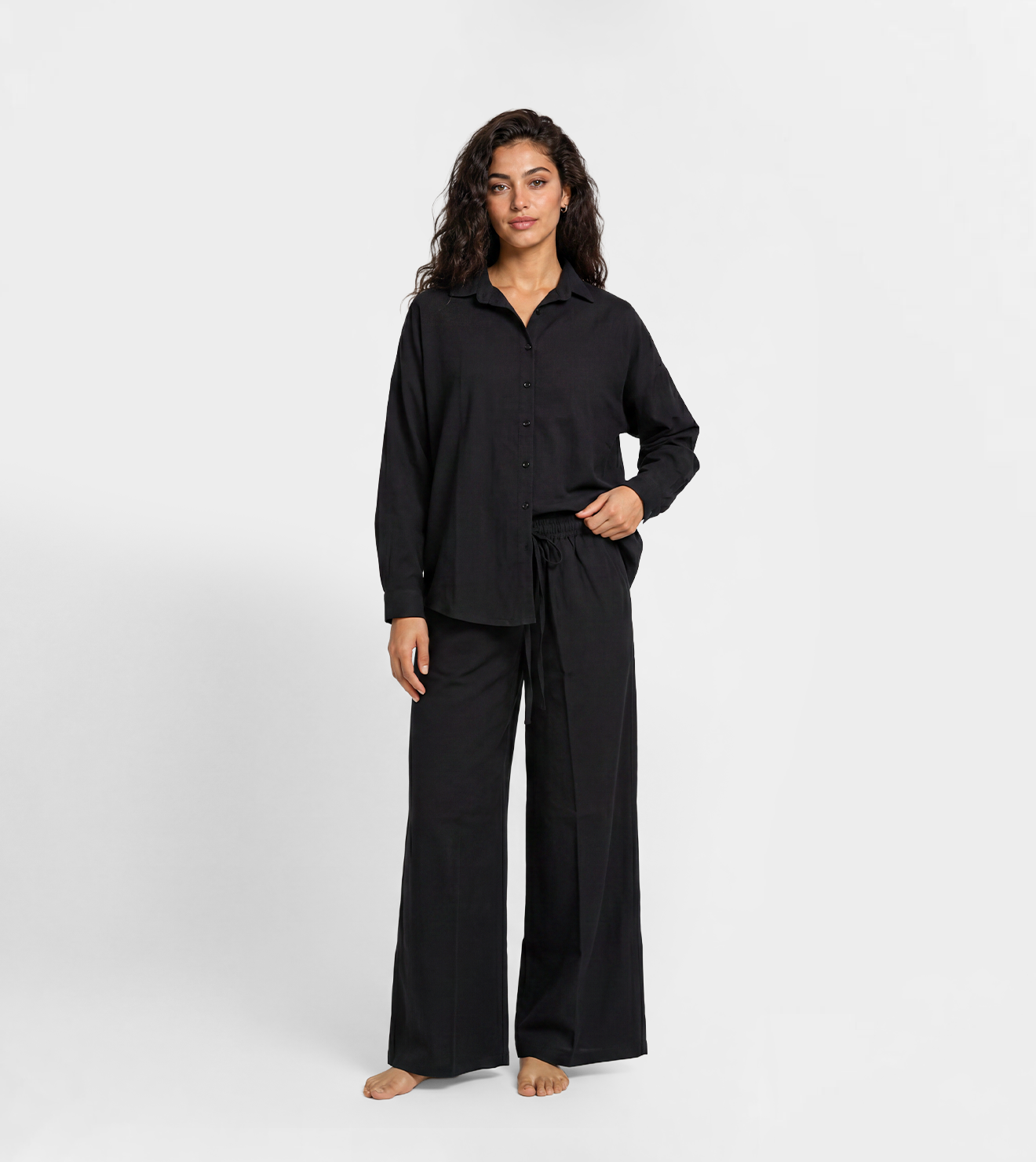 Women Relaxed Button-Up Shirt & Wide-Leg Pants Set