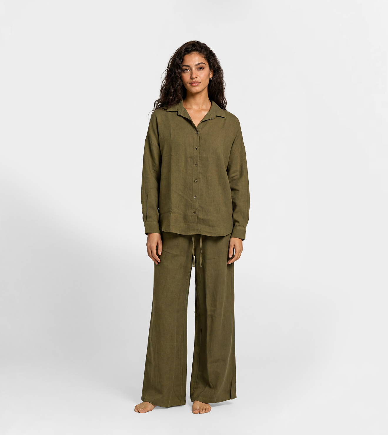 Women Relaxed Button-Up Shirt & Wide-Leg Pants Set