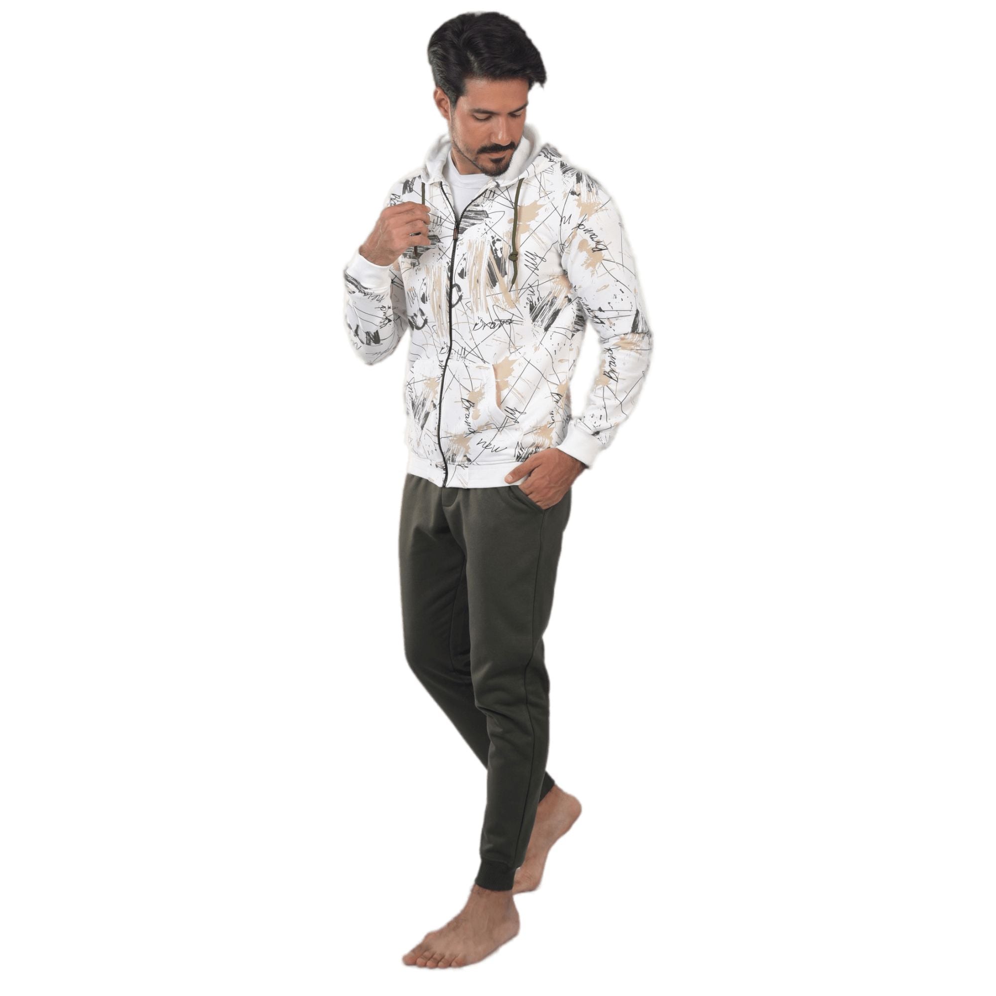 Men's Digitally Printed Winter Pajama Set - Off-white Hoodie and Green Sweatpants.