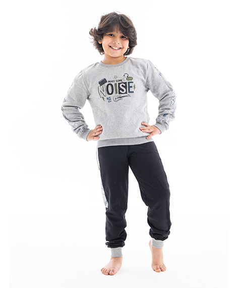 "Red Cotton Boys' Grey Printed Crew Neck Shirt and Navy Blue Pants Set - Cozy Winter Loungewear"