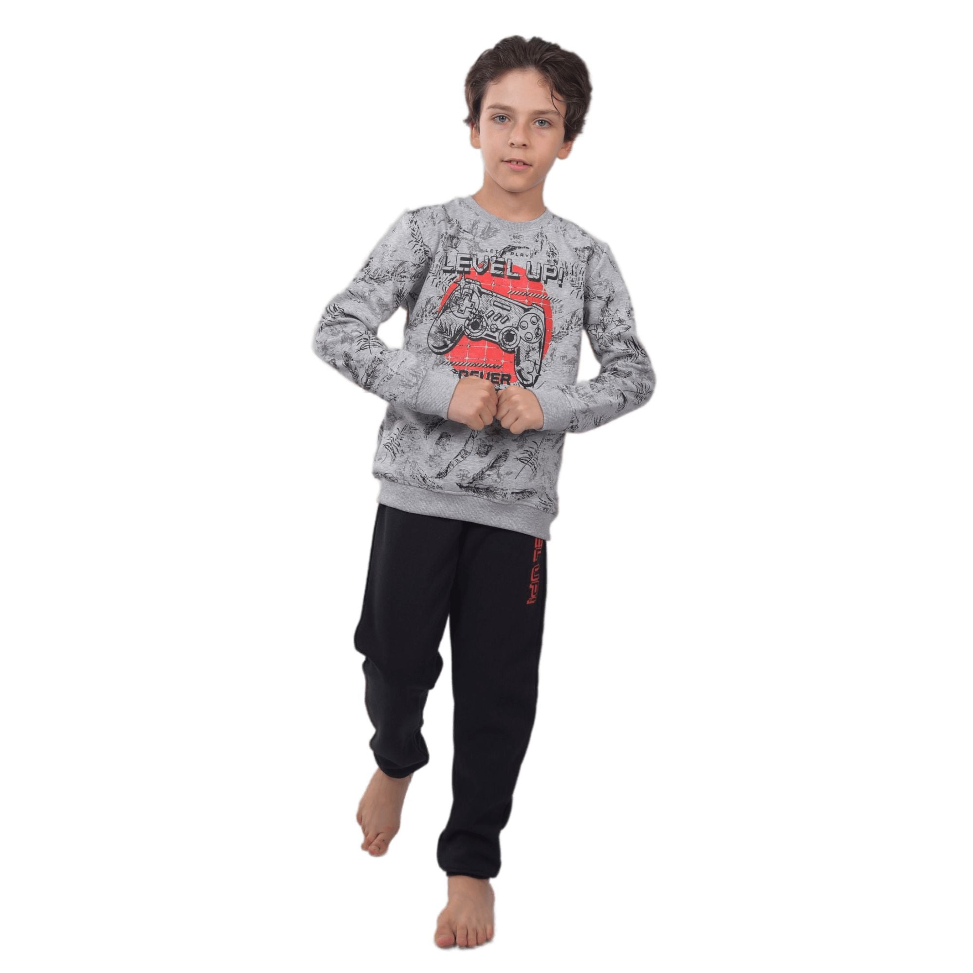 Red Cotton Boys' Winter Pajama Set, Printed sweatshirt