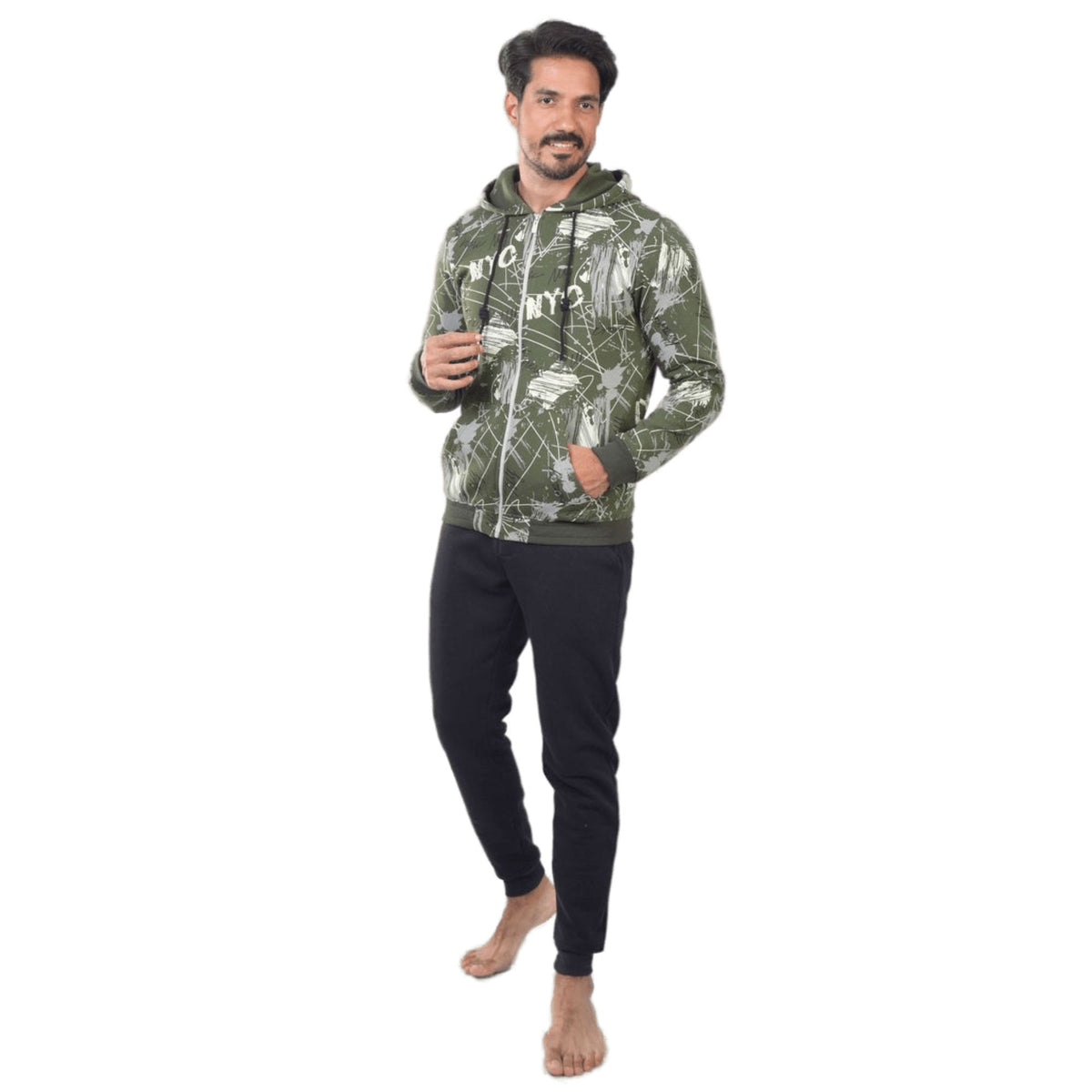 Men's Digital Printed Winter Pajama Set - Green Hoodie and Grey Sweatpants