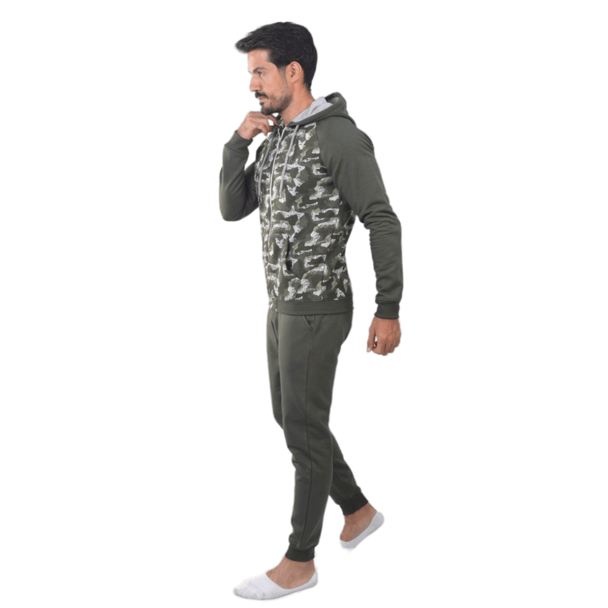 Men's Camo Green Winter Hoodie and Sweatpants Set - Stay Warm and Fashionable.
