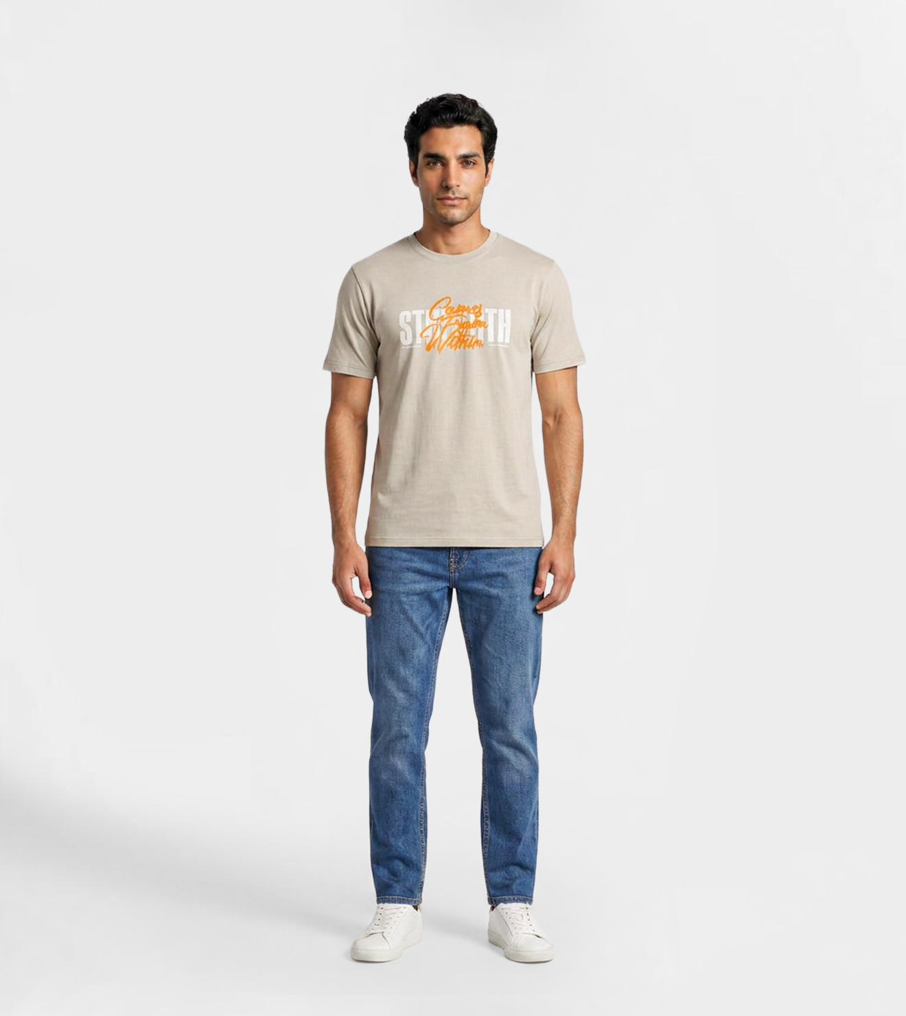 Men "Strength" Script Cotton Tee in Silver