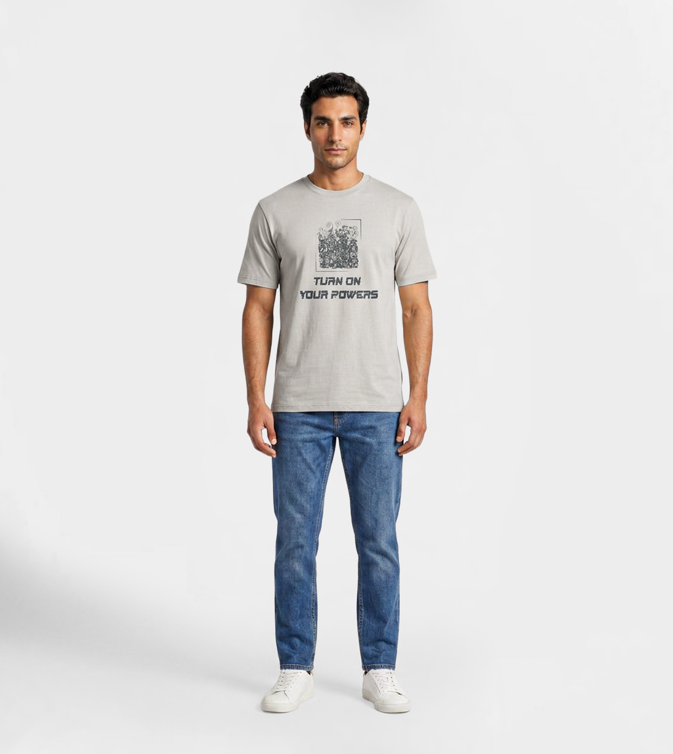 Men "Turn On Your Powers" Motivational Cotton Tee in Silver