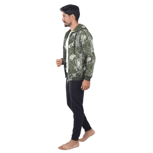 Men's Digital Printed Winter Pajama Set - Green Hoodie and Grey Sweatpants