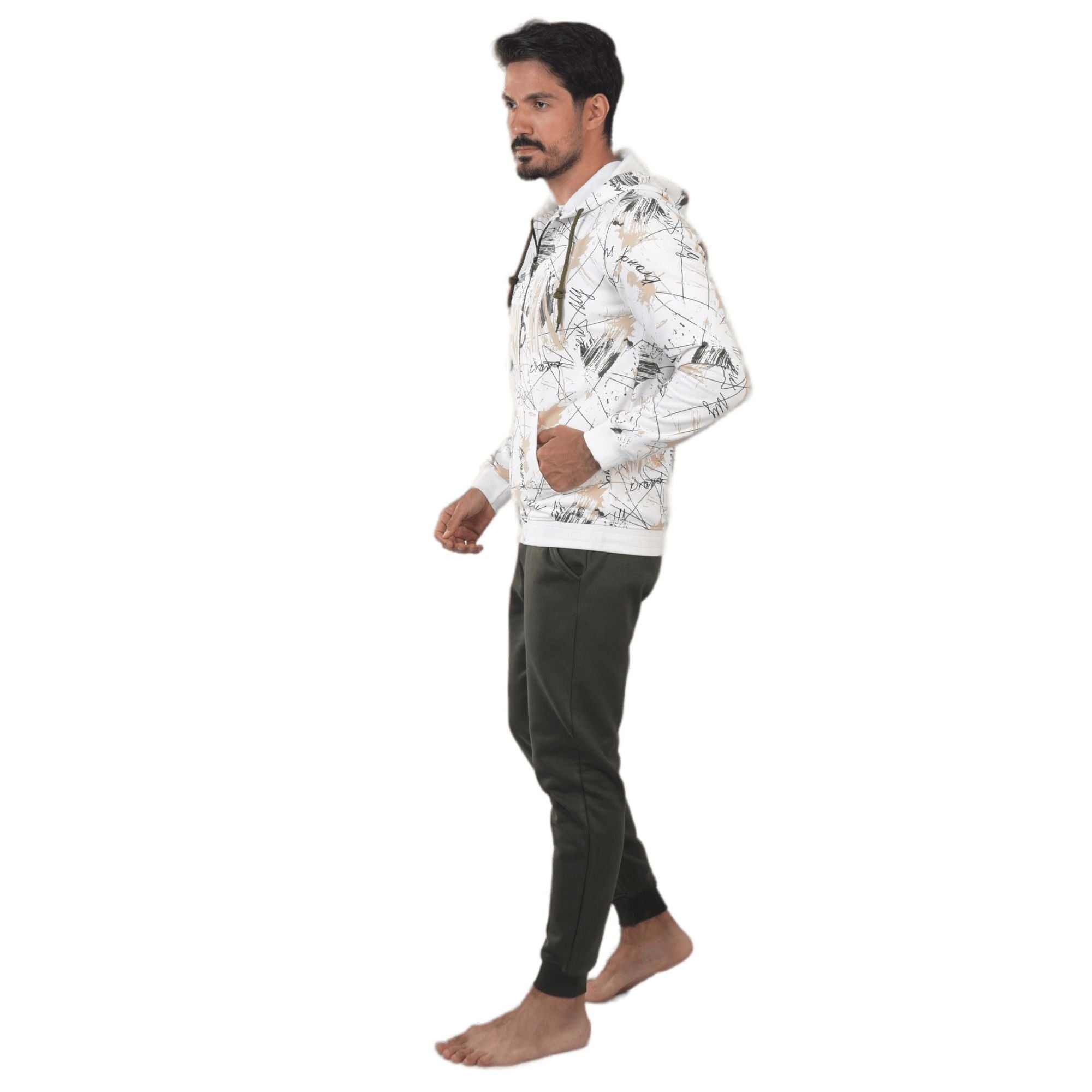 Men's Digitally Printed Winter Pajama Set - Off-white Hoodie and Green Sweatpants.