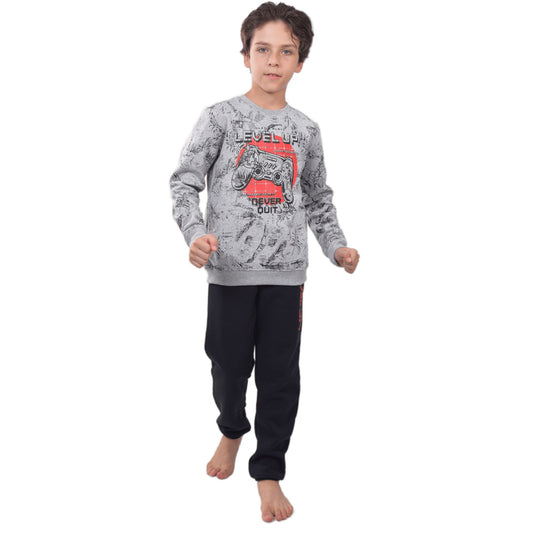 Red Cotton Boys' Winter Pajama Set, Printed sweatshirt