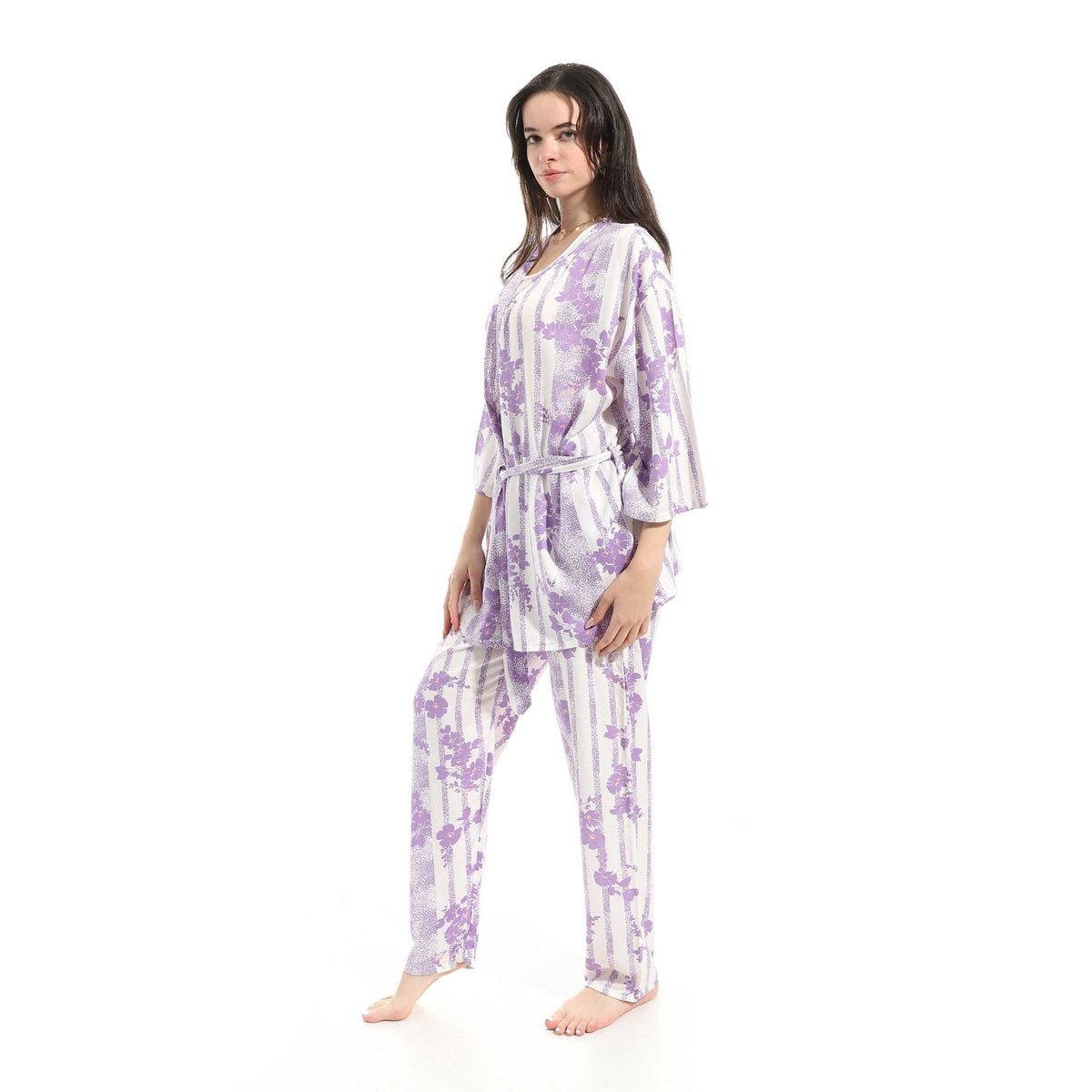 3-Piece Purple Cotton Pajama Set for Women - Red Cotton