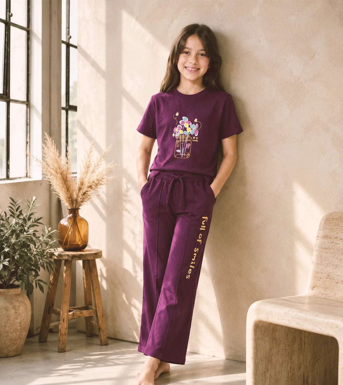 Girls’ Burgundy Short Sleeve Pajama Set – Comfortable & Stylish | Red Cotton