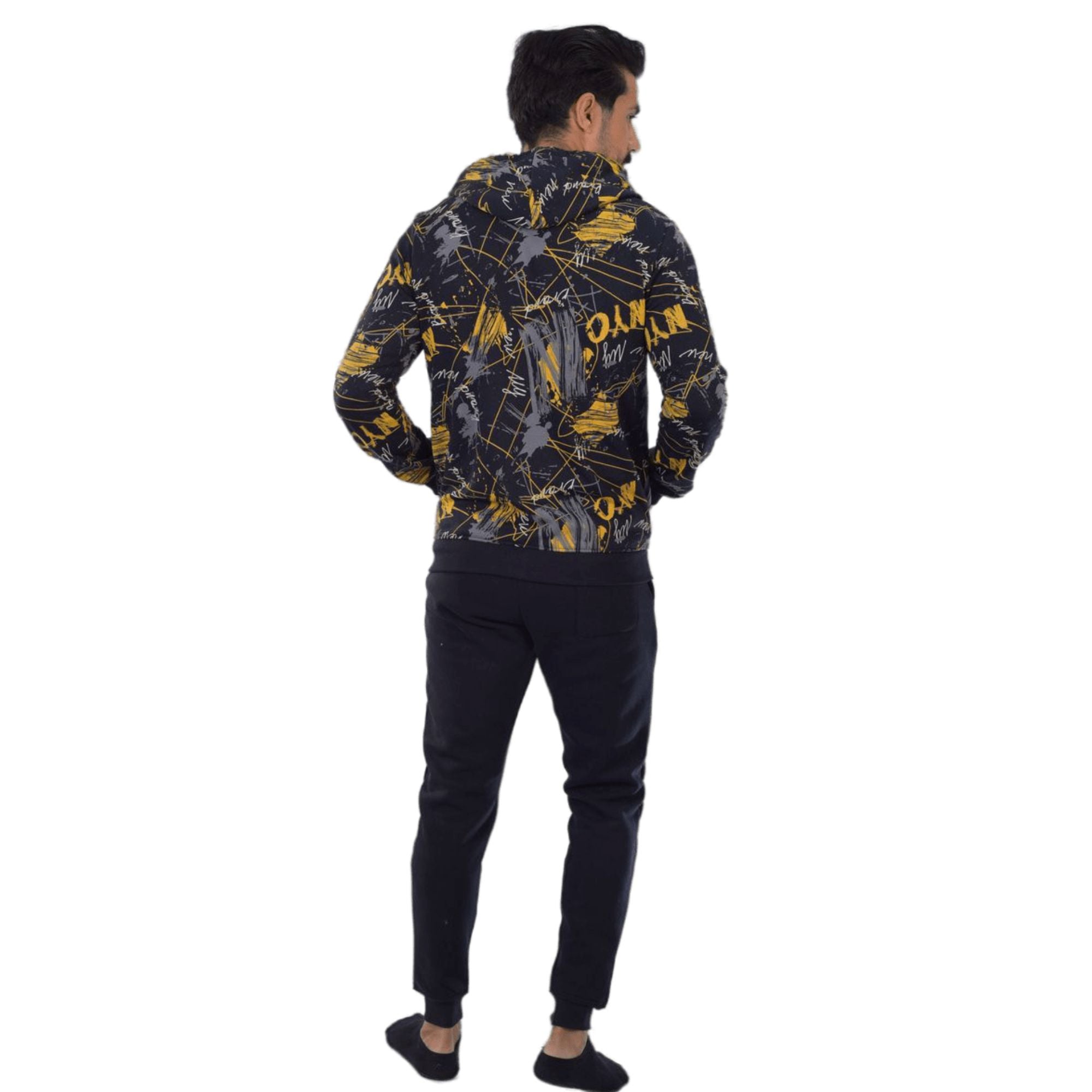Men's Black Digital Printed Winter Hoodie - Modern and Warm Loungewear