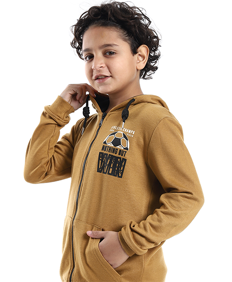 "Red Cotton Boys' Khaki Zipped Hoodie and Pants Set - Cozy Winter Loungewear"