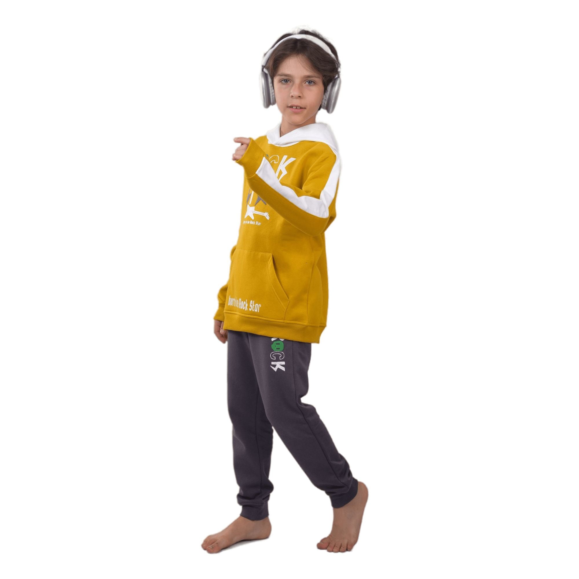 Red Cotton Boys' Winter Pajama Set, Graffiti pants, Mustard