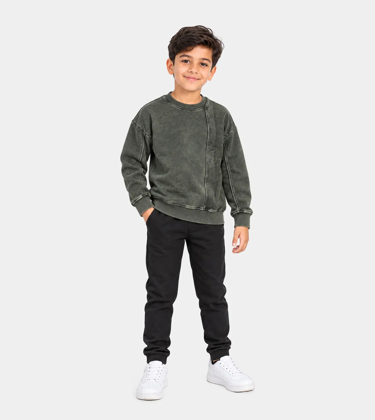 Boys’ Olive Green Garment-Dyed Diagonal Crewneck Sweatshirt | Red Cotton