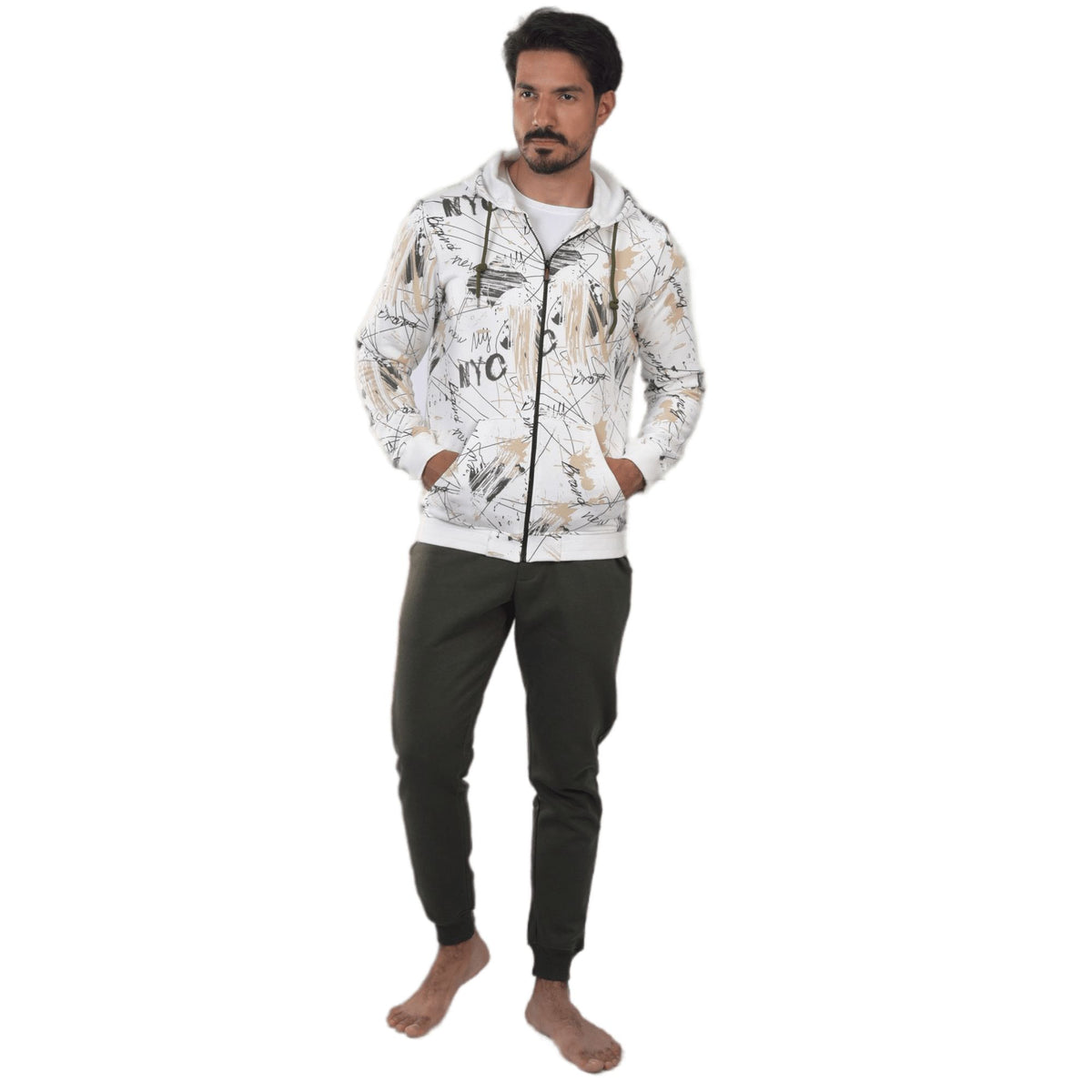 Men's Digitally Printed Winter Pajama Set - Off-white Hoodie and Green Sweatpants.