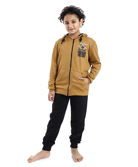 "Red Cotton Boys' Khaki Zipped Hoodie and Pants Set - Cozy Winter Loungewear"