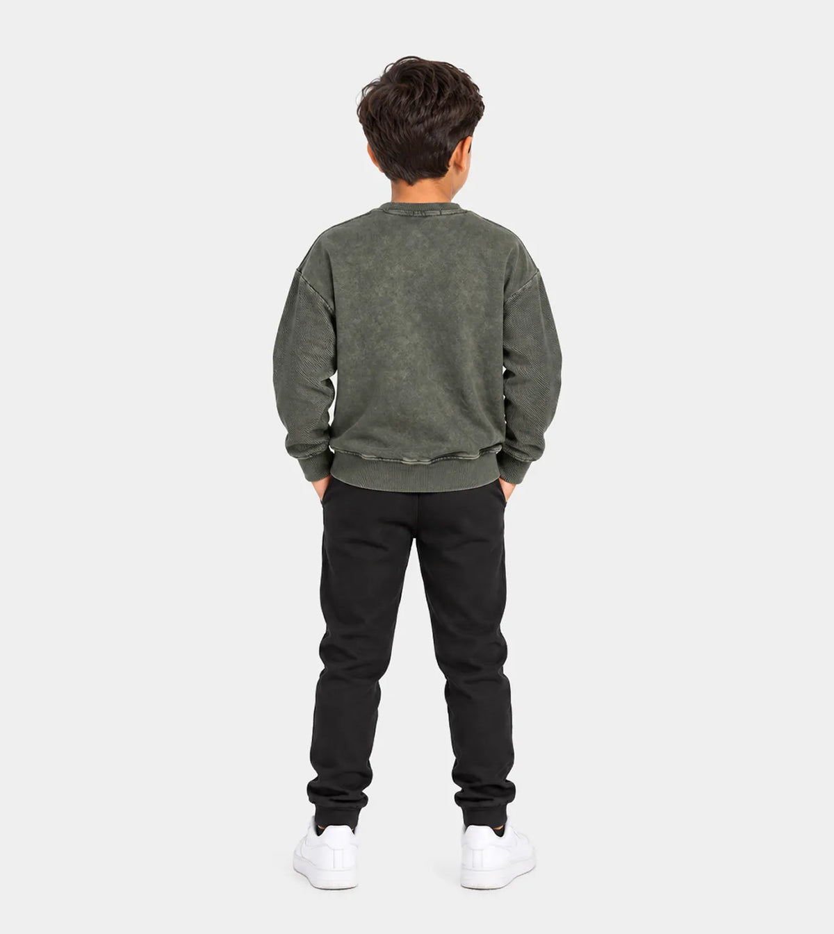 Boys’ Olive Green Garment-Dyed Diagonal Crewneck Sweatshirt | Red Cotton
