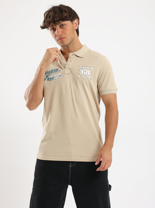 Red Cotton Printed Polo Shirt-Biege