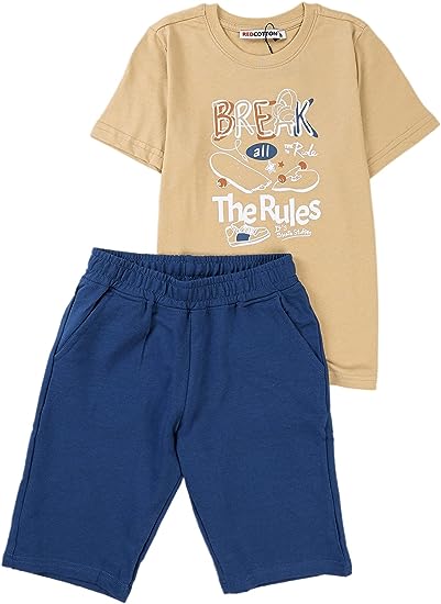 Red Cotton Summer Pajamas for Boys Shorts and Half sleeves-Biege