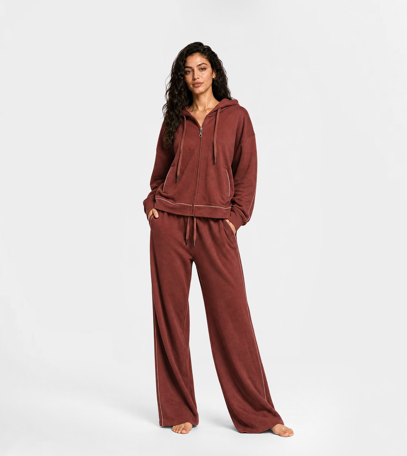 Women's Sporty Zip-Up Hoodie Set – Burgundy