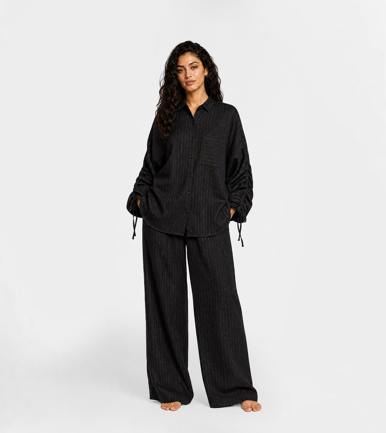 Women Striped Button-Up Shirt & Wide Leg Pants Set