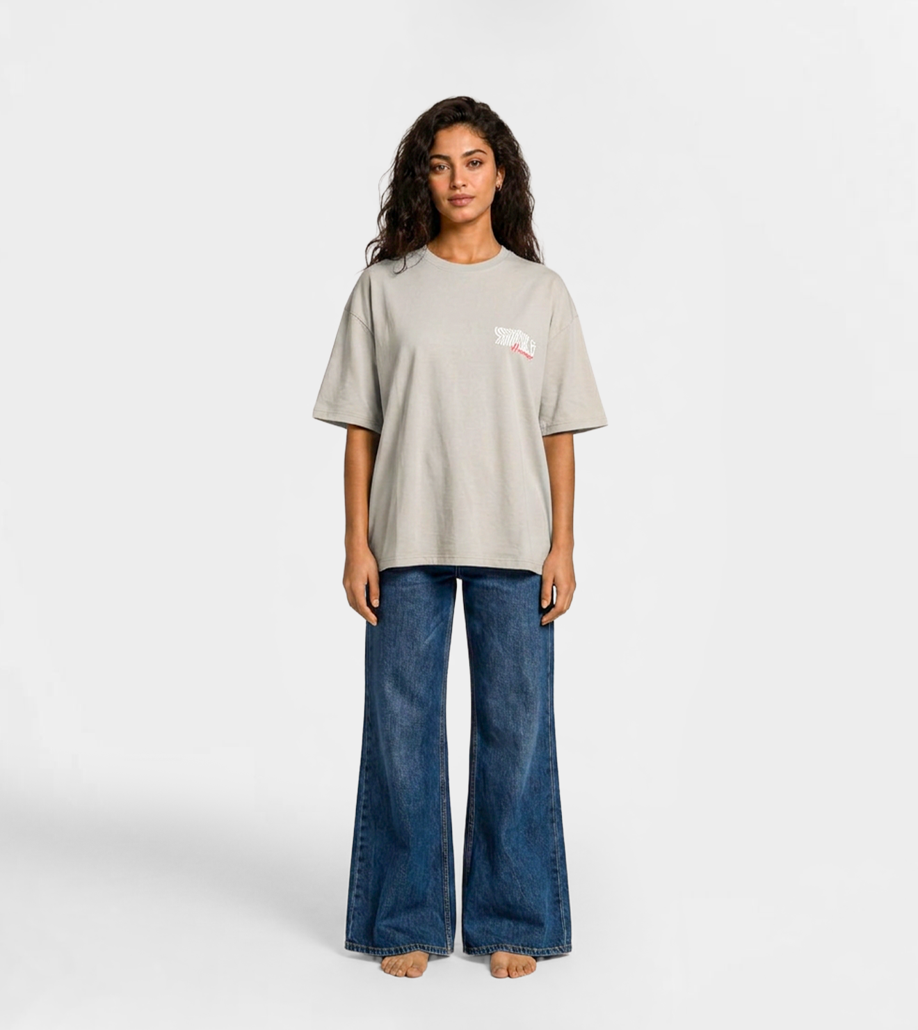 Women’s Oversized Silver Short Sleeve T-Shirt with Front & Back Print