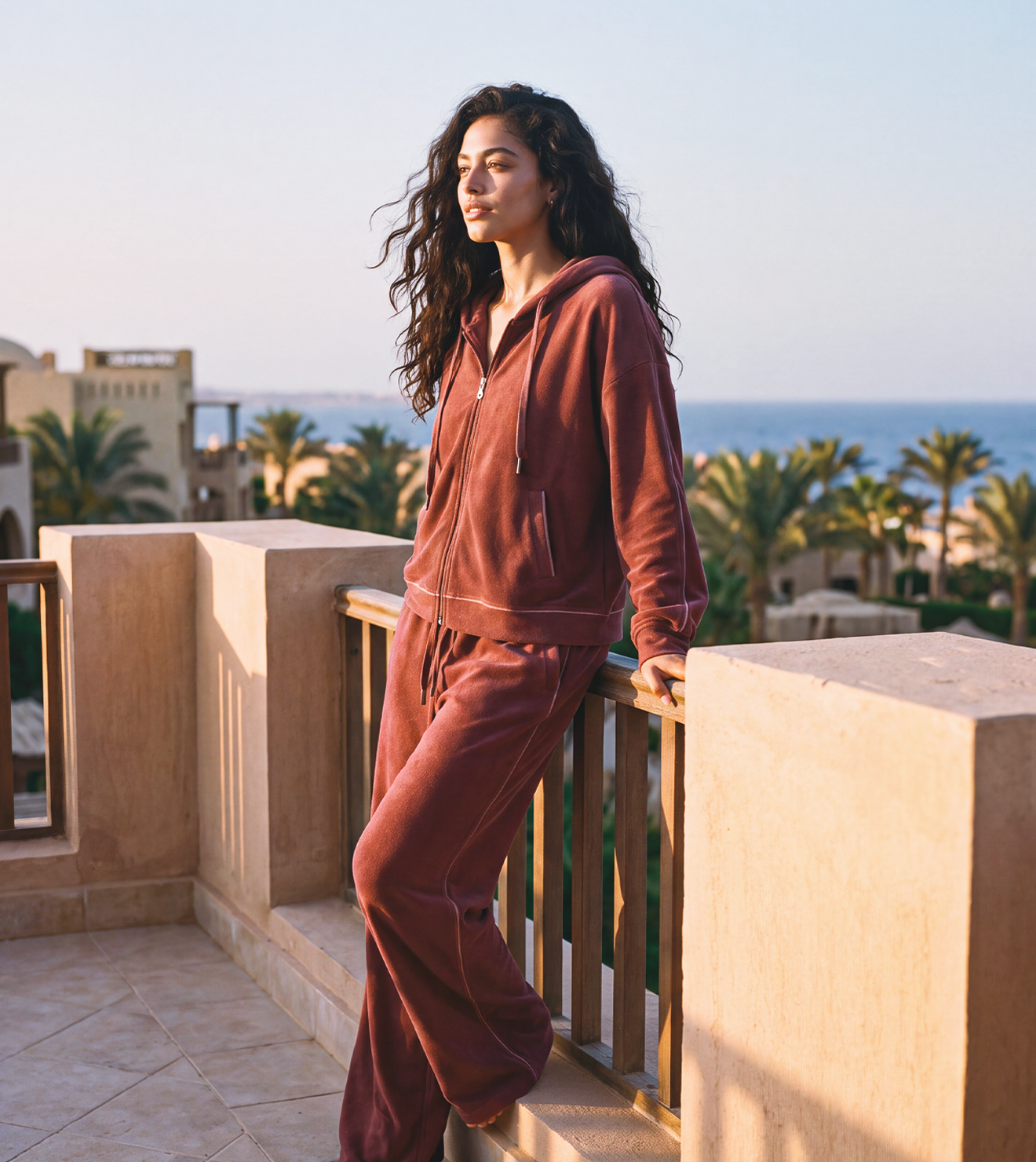 Women's Sporty Zip-Up Hoodie Set – Burgundy