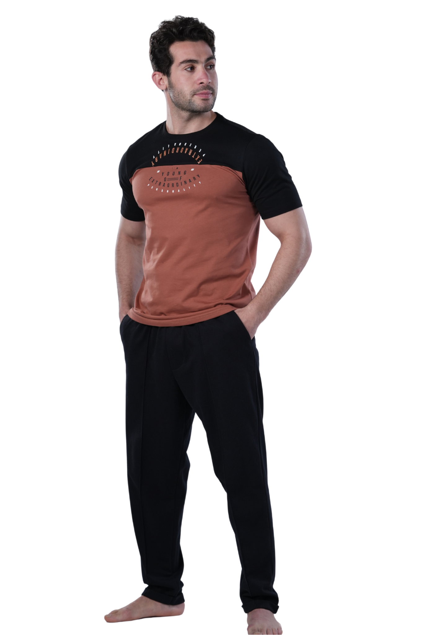 Elegant Men's Summer Pajamas With Short Sleeves, Printed - Black