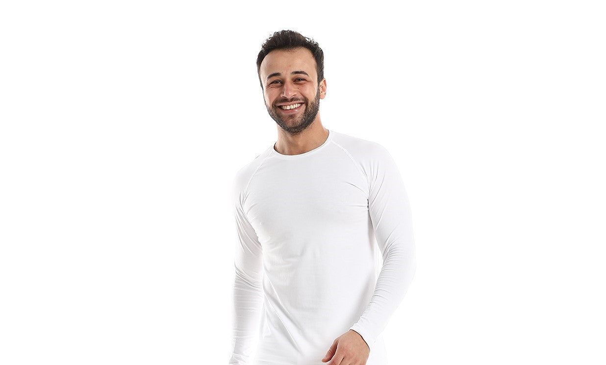 Red Cotton Men's Long Sleeve Cotton Undershirt -White