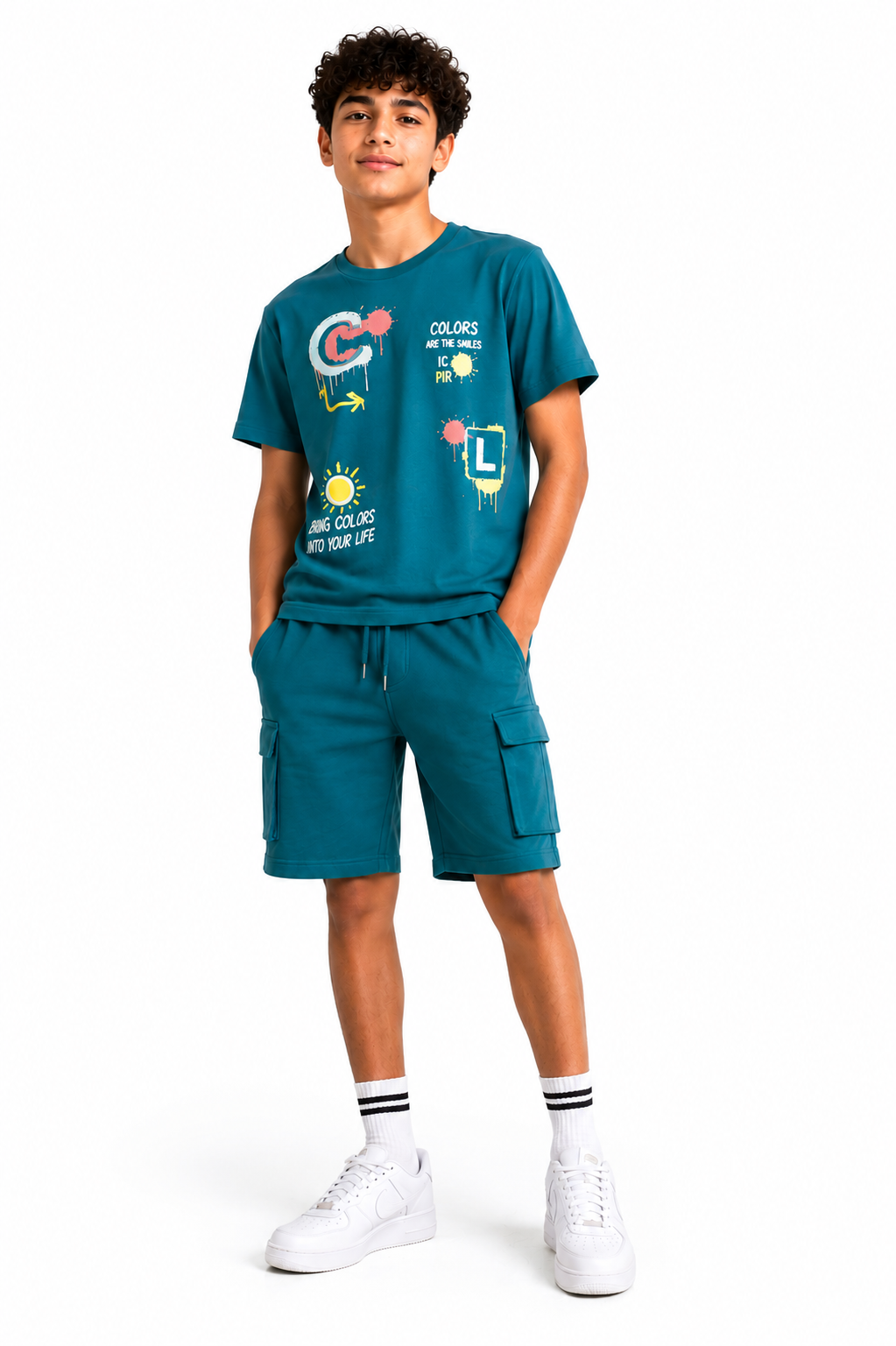 Boys’ Summer Set – Graphic Print T-Shirt & Cargo Shorts – Teal