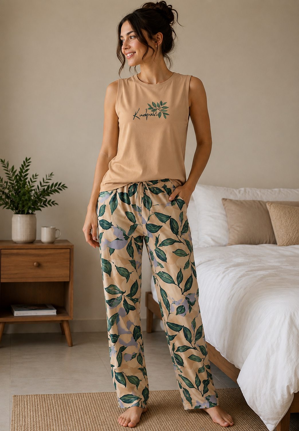 Women's Printed Sleeveless Summer Pajama Pants Set