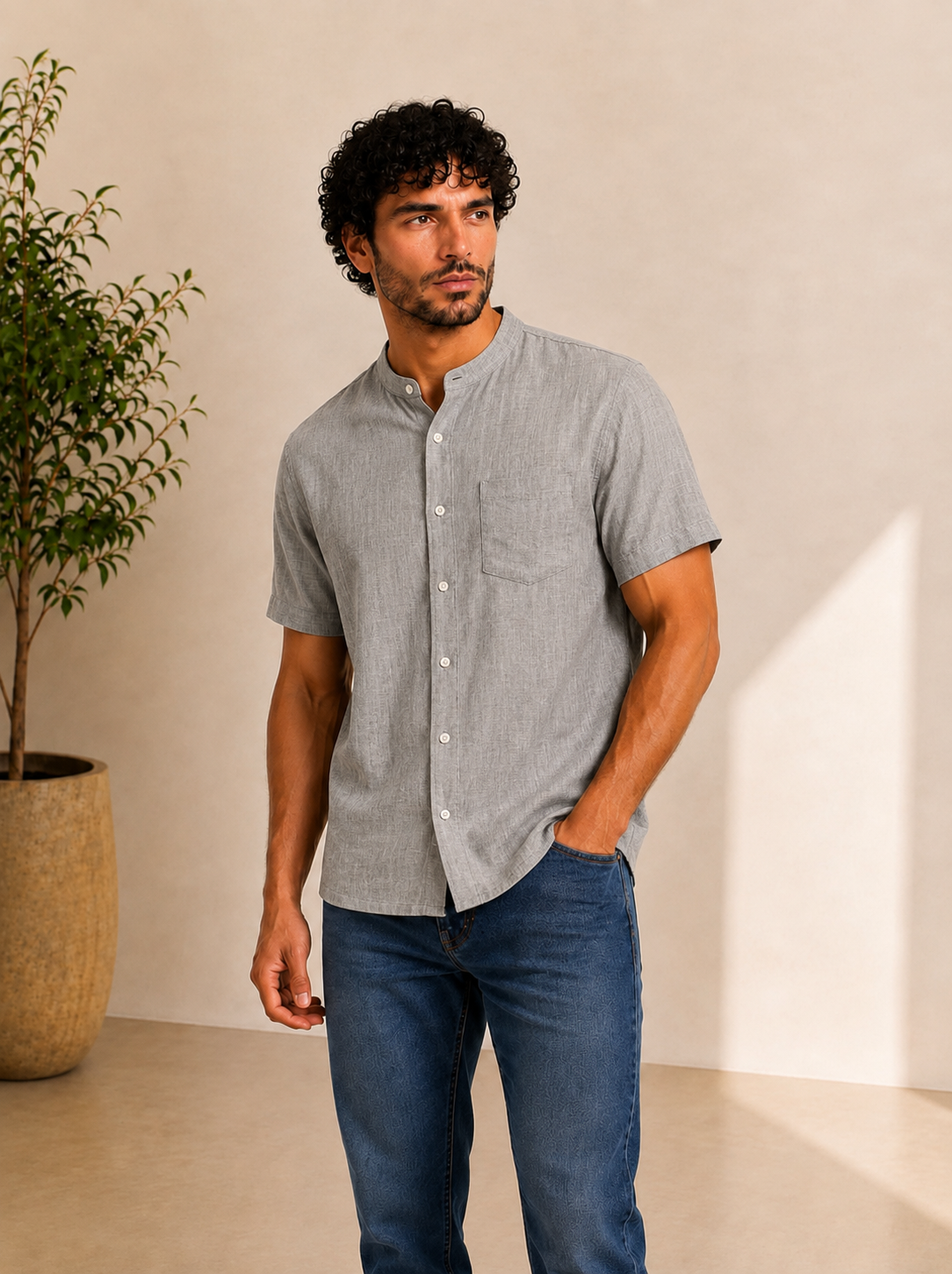 Men Short-Sleeve Mandarin Collar Linen Shirt in Charcoal Grey