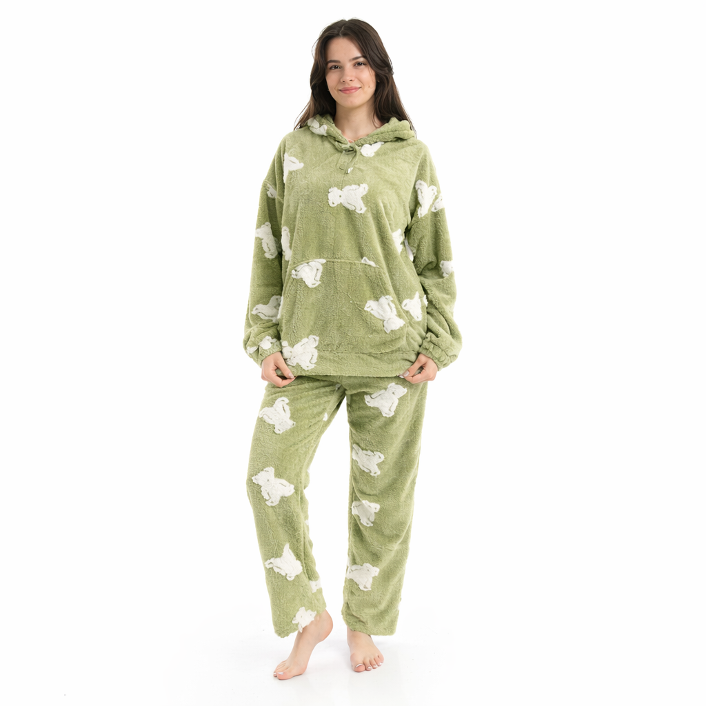 Women’s Ultra-Soft Plush Hoodie Pajama Set – Cozy Bear Print Loungewear