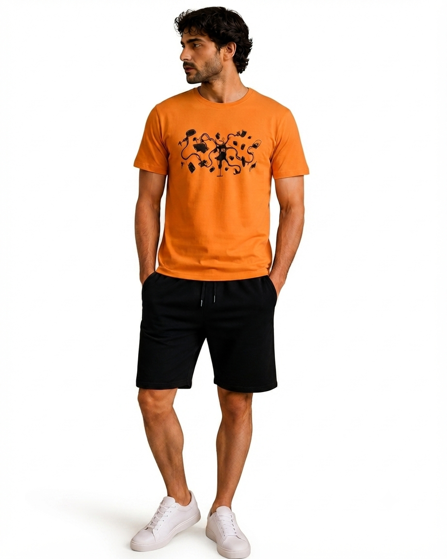 Men's Orange T-Shirt with Black Shorts Pajama Set