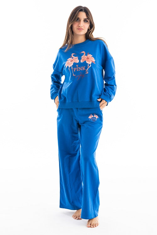 Women's Floral Printed Sweatshirt and Pants Loungewear Set - Blue