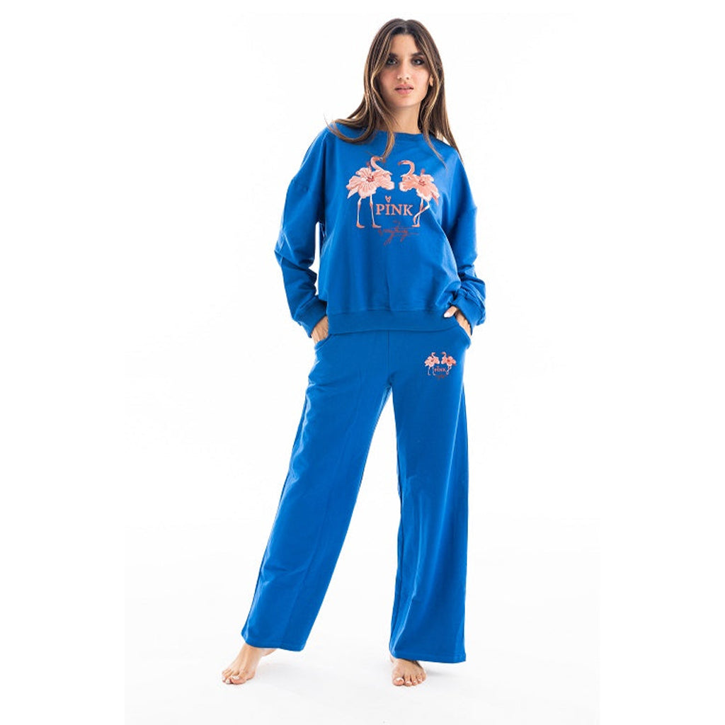 Women's Floral Printed Sweatshirt and Pants Loungewear Set - Blue