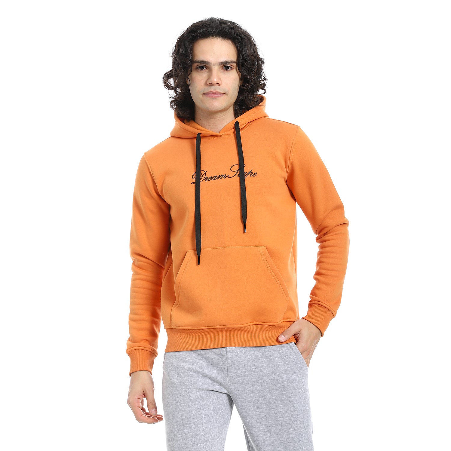 Red Cotton Hoodie With Printed - Orange