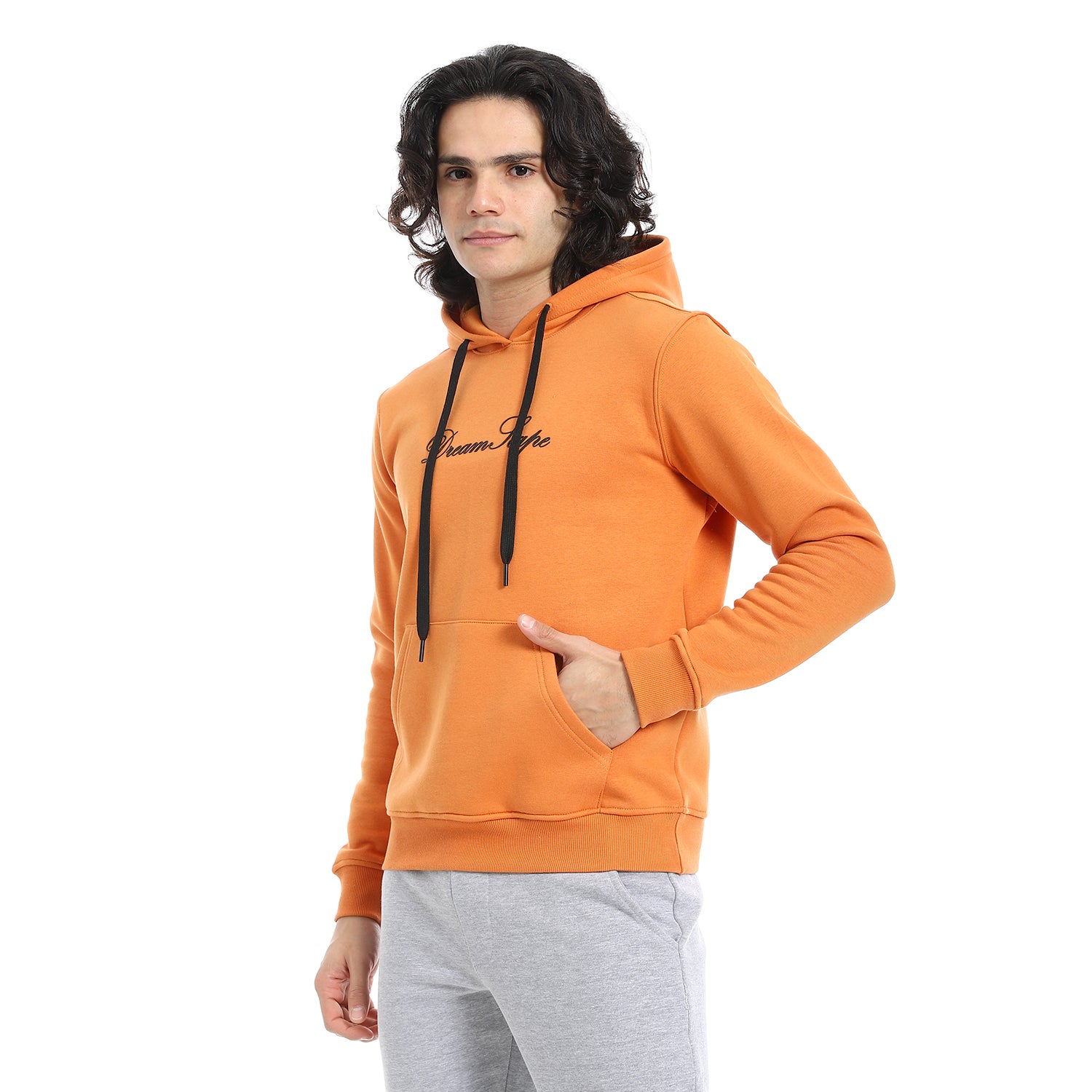 Red Cotton Hoodie With Printed - Orange