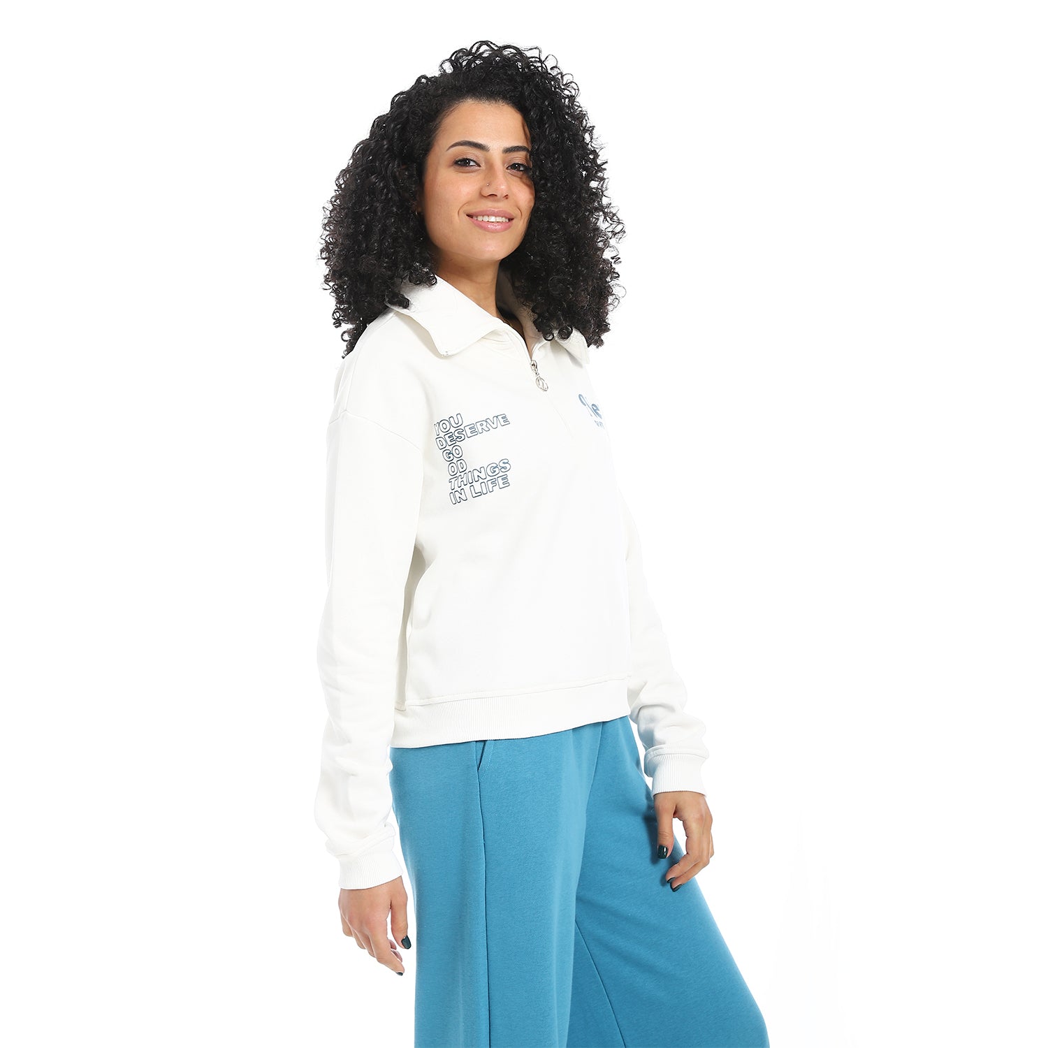 Women's Winter Quarter Zipper Sweatshirt With Printed - Off White