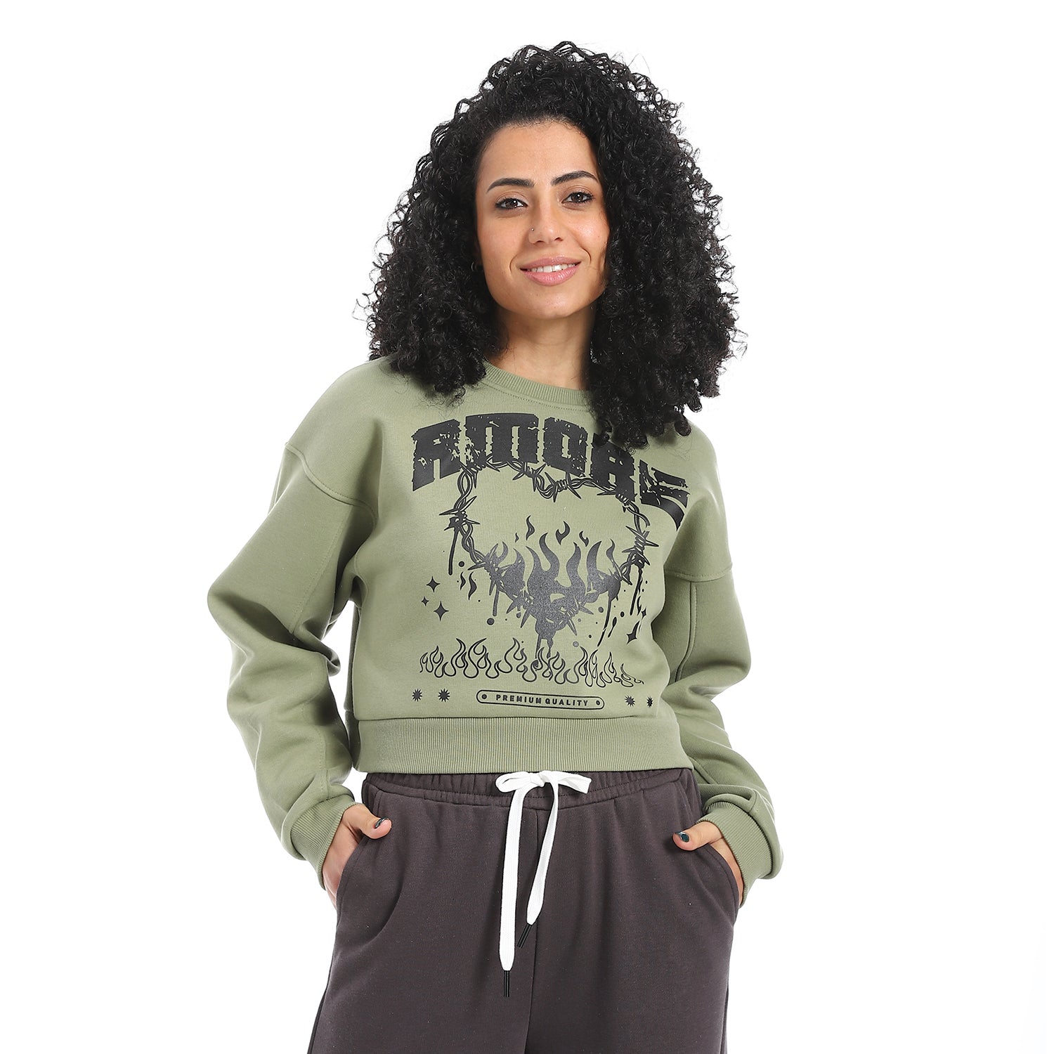 Women's Winter Sweatshirt With Printed - Olive