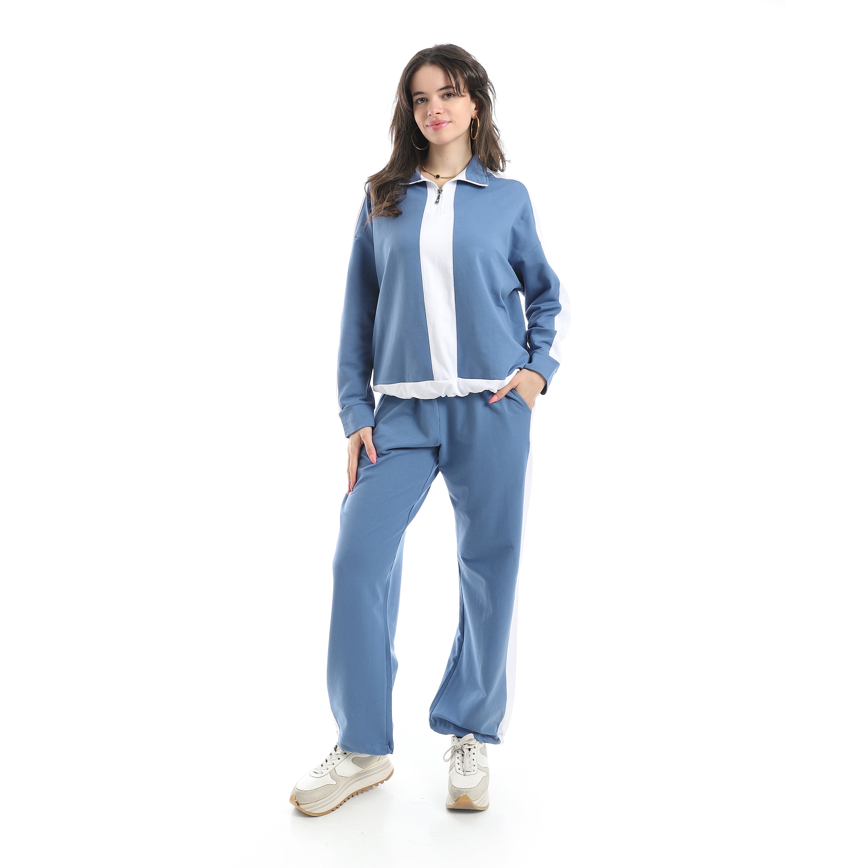 Women's Two-Tone Zip-Up Tracksuit –  Blue & White