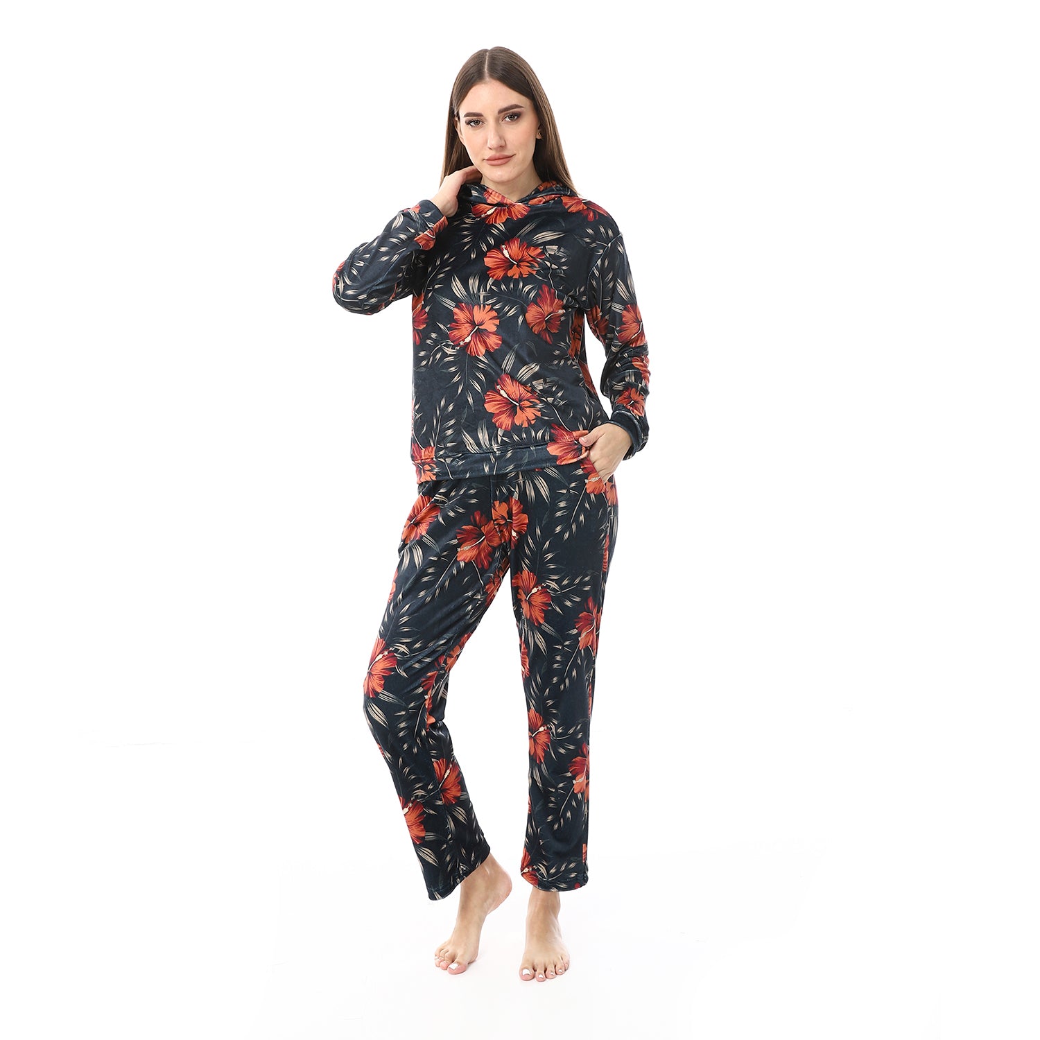 Women's Printed Velvet Pajamas - Dark Green